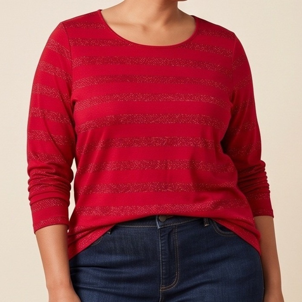 Talbots Woman 2XP Petites Red Metallic Striped Long Sleeve Top Shimmery Party